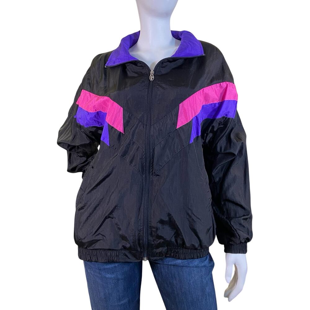 1980s Lavon Color Block Windbreaker Black Purple Pink Track Jacket Large